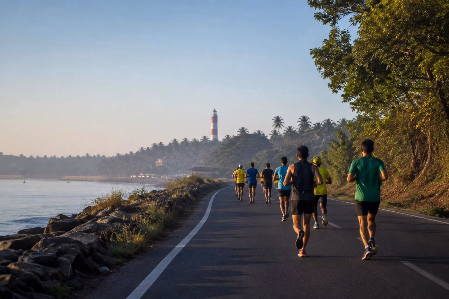 Runners at the Kovalam Marathon on the coastal road with the Arabian Sea and Kerala shoreline in the background