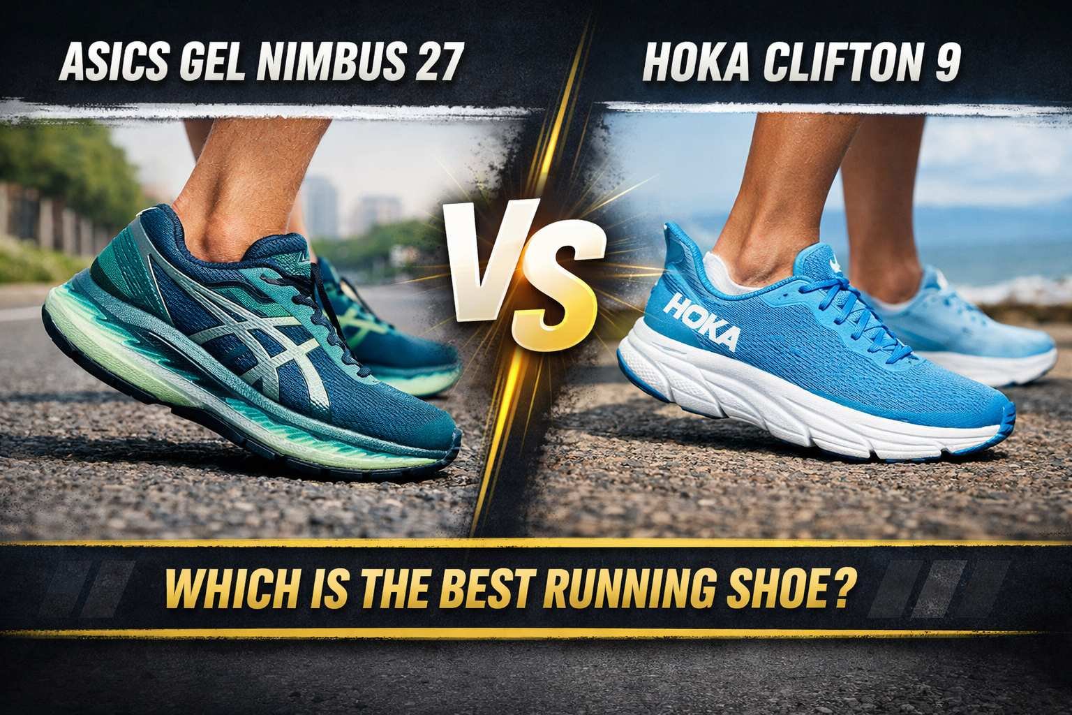 ASICS Gel Nimbus 27 vs Hoka Clifton 9 comparison image showing side by side cushioned running shoes on road