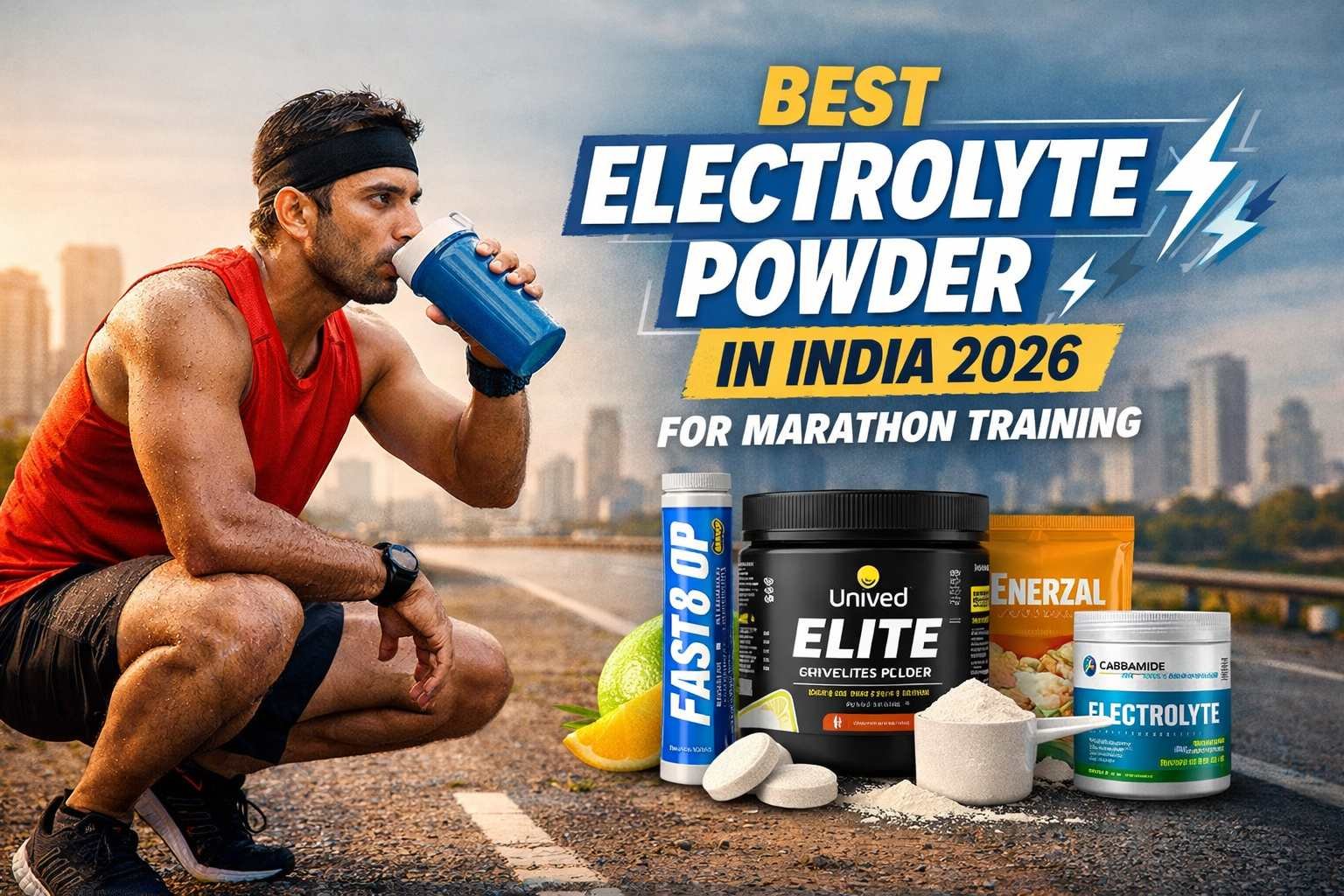 Indian marathon runner hydrating with electrolyte drink during long run training with electrolyte powder products displayed in background