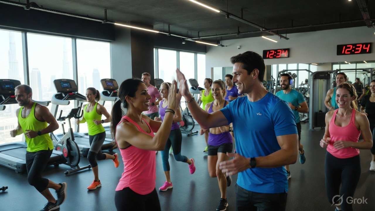 Vibrant community workout with diverse participants high-fiving in Abu Dhabi-style Dubai gym