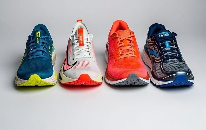 Best marathon running shoes India & UAE 2026: ASICS Nimbus 27, Nike Alphafly 3, Hoka Clifton 10, Brooks Ghost 17 displayed side by side