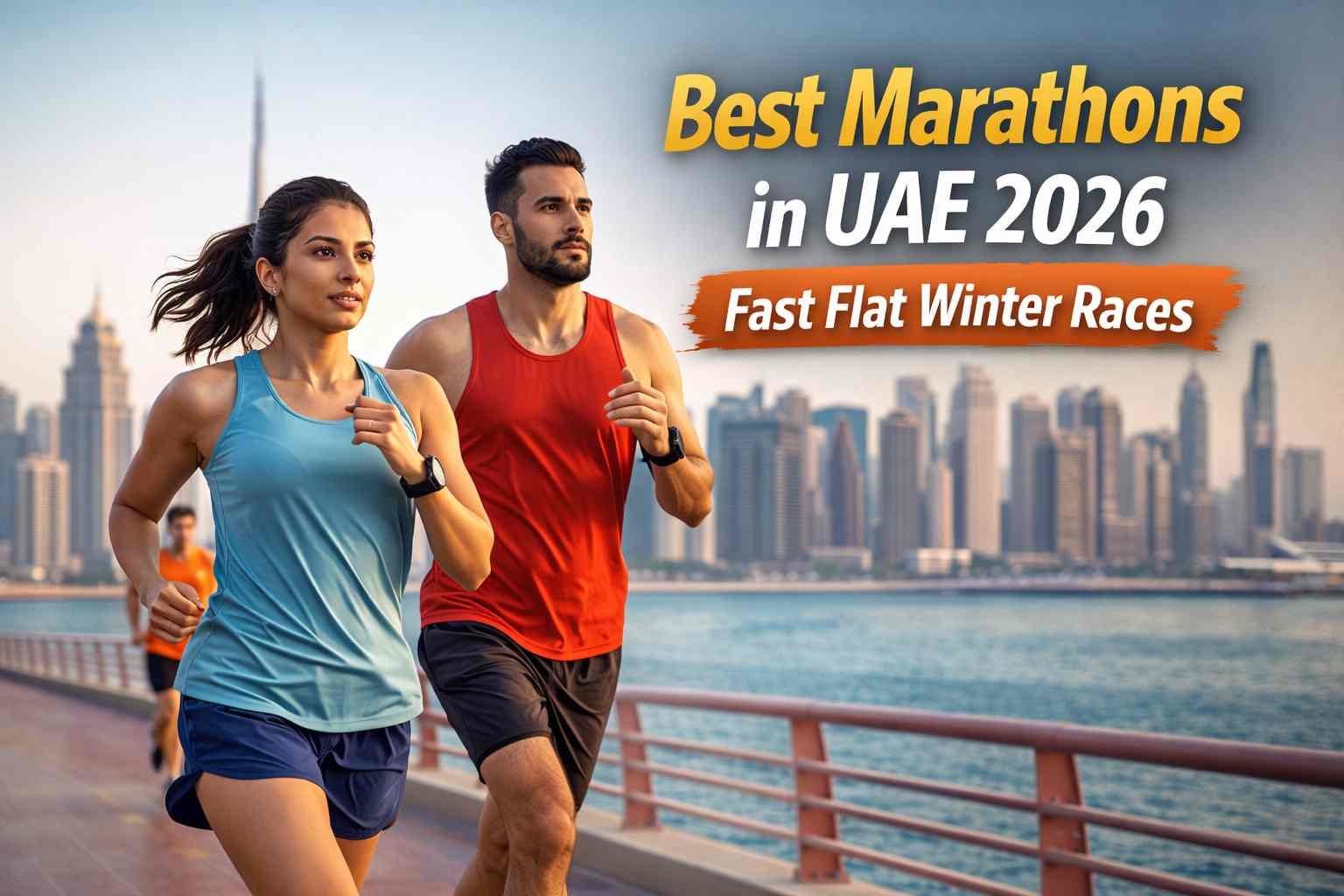 Runners in motion with Dubai skyline during winter marathon season in UAE 2026