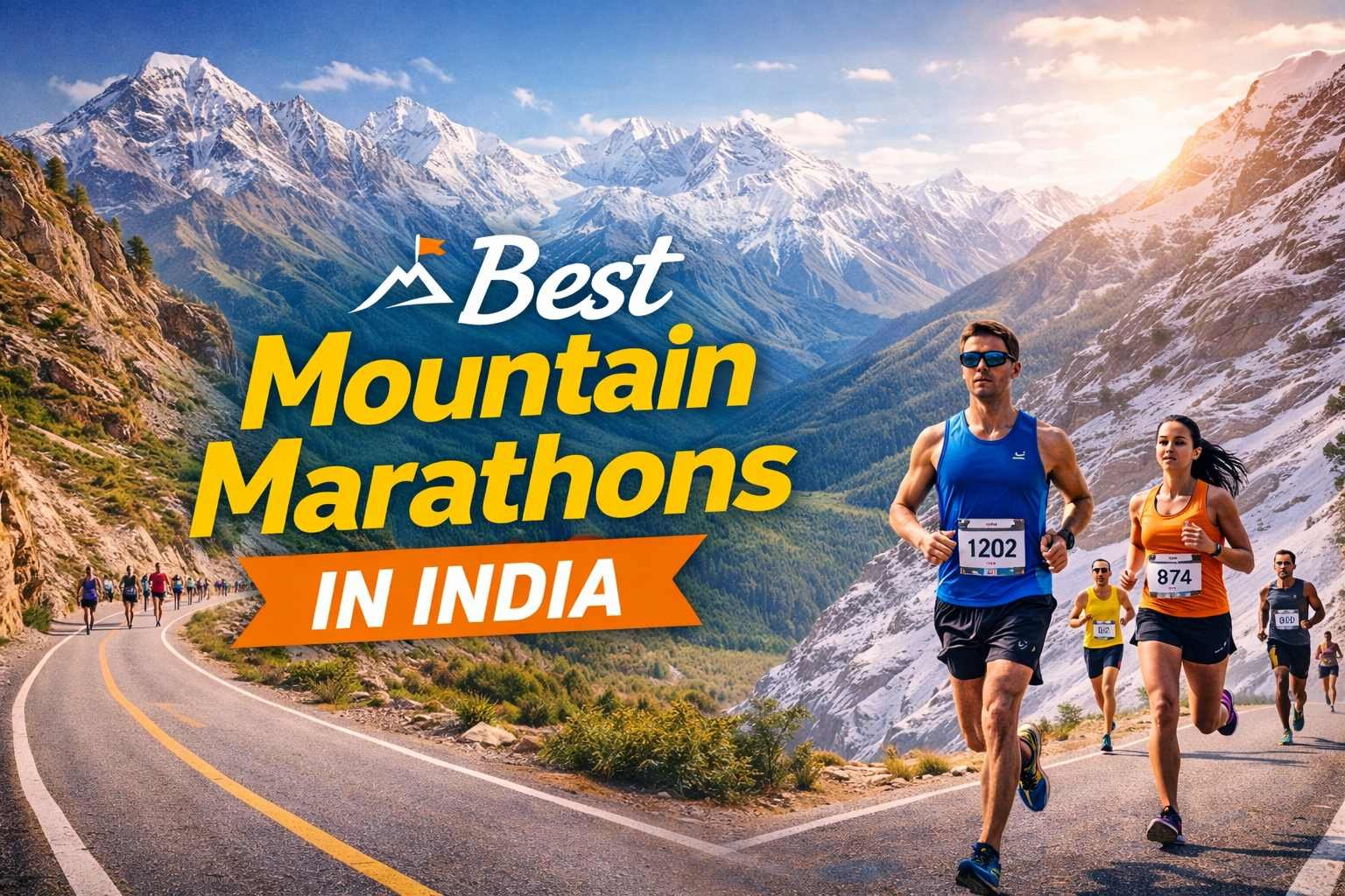 Runners competing in a mountain marathon in India with snow capped Himalayan peaks and winding hill road
