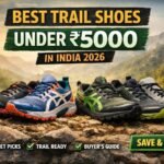 Feature image showing multiple trail running shoes placed on rocky mountain terrain with text overlay “Best Trail Shoes Under ₹5000 in India 2026”, highlighting budget friendly trail running options.