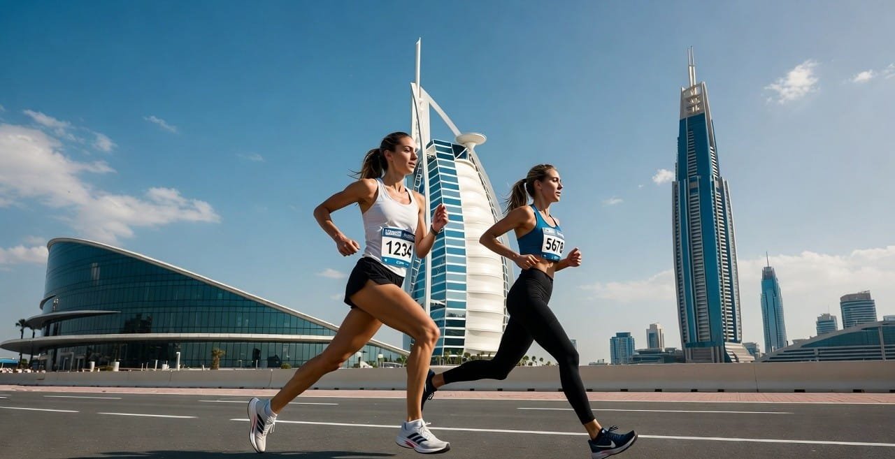 Dubai Marathon 2027 runners with city skyline backdrop
