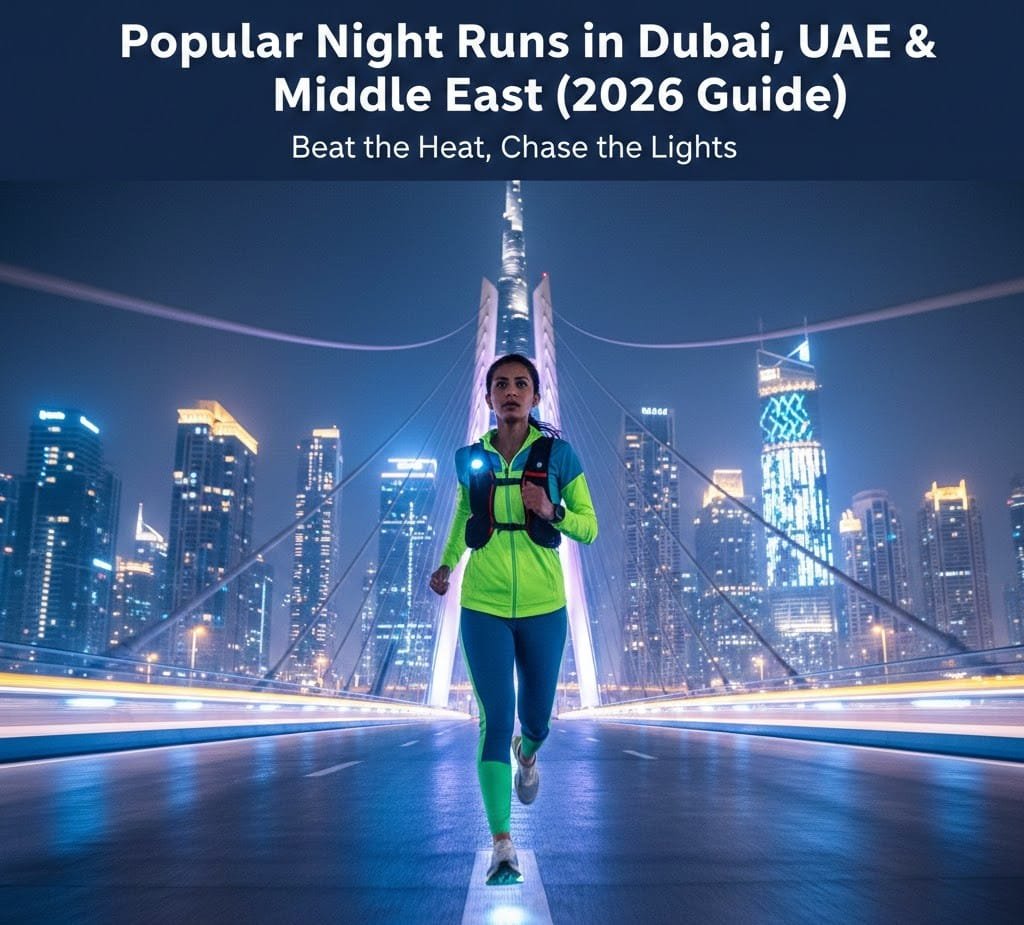A marathon runner wearing reflective gear crossing the neon-lit Meydan Bridge at night with the Dubai skyline and Burj Khalifa in the background.