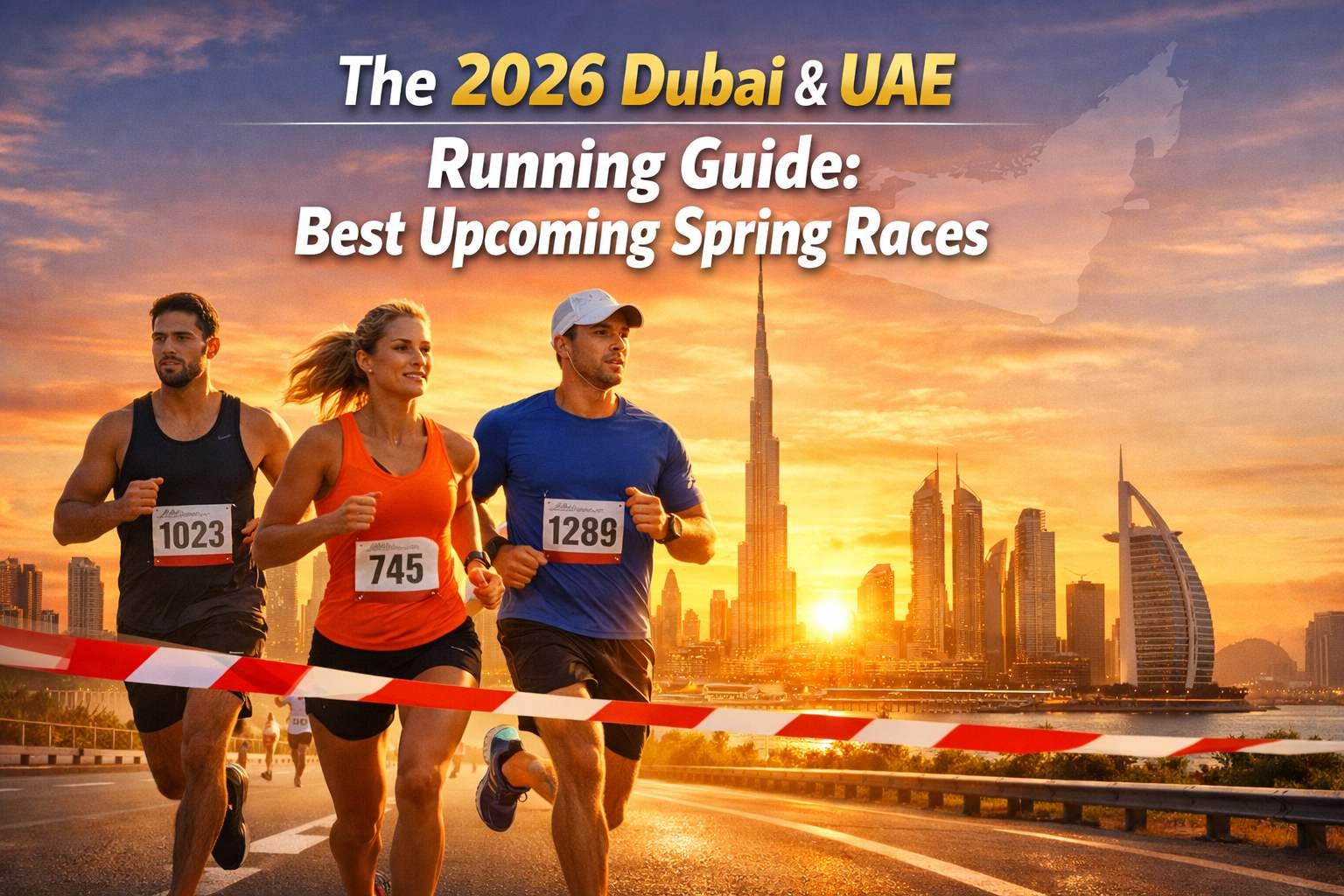 2026 Dubai and UAE spring running races guide feature image showing marathon runners with Dubai skyline at sunrise