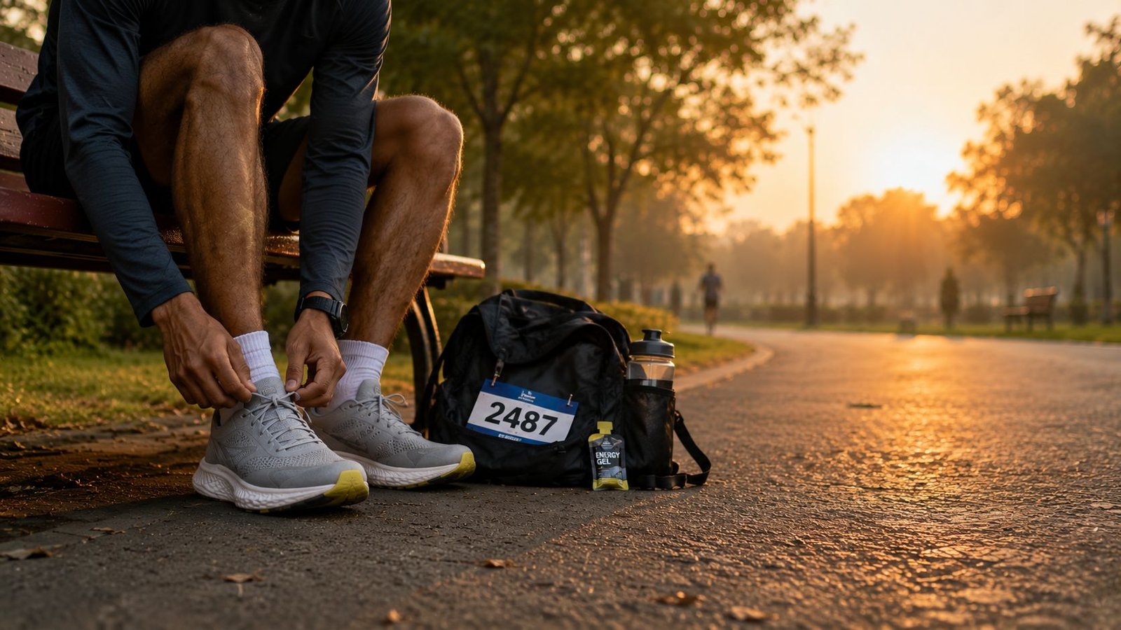 Runner lacing up grey running shoes at sunrise in a park, with race bib 2487, energy gel and water bottle — best running shoes India 2026 guide