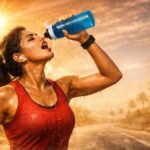 Indian female runner hydrating during marathon training in hot weather under blazing sun
