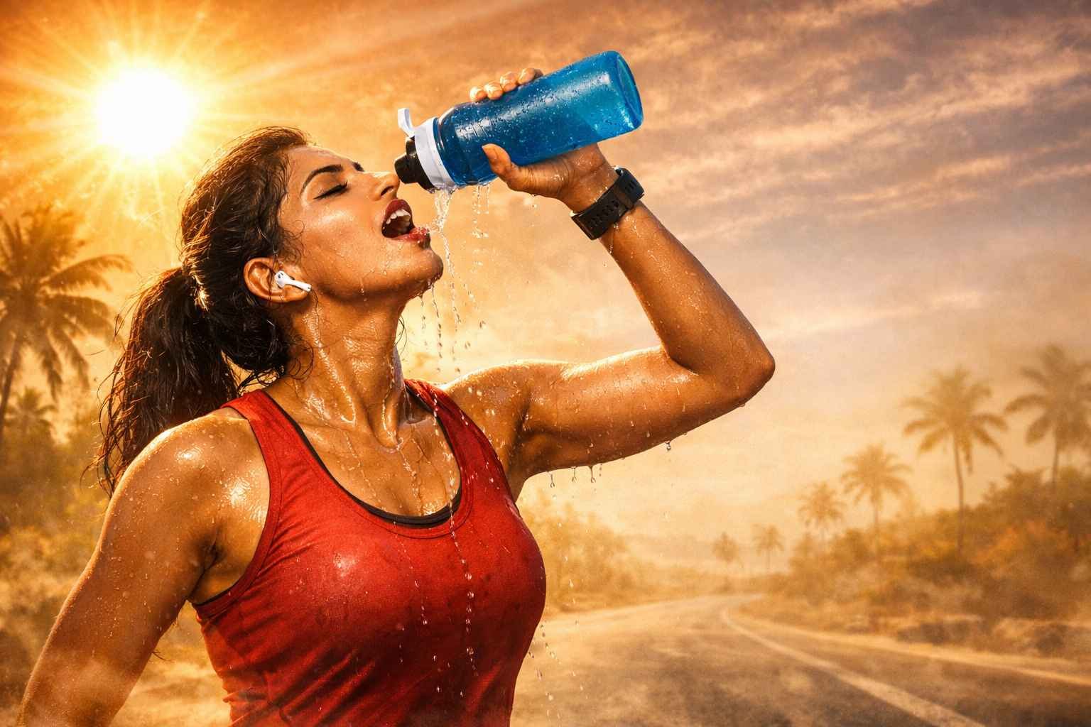 Indian female runner hydrating during marathon training in hot weather under blazing sun