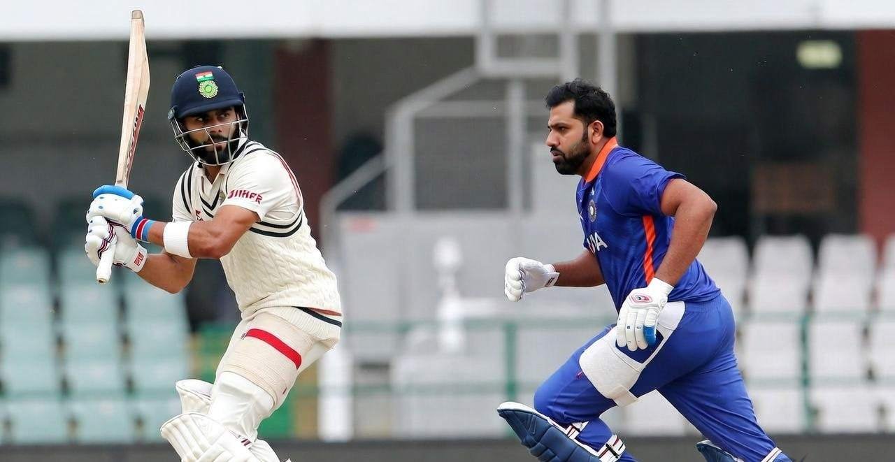 Cricketer in powerful batting stance on green field, symbolizing endurance, strength, and athletic fitness inspired by Virat Kohli and Rohit Sharma for runners and marathon training