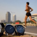 Apple Watch Ultra 3, Samsung Galaxy Watch Ultra, and Garmin Fenix 8 smartwatches on sandy ground with a runner training in hot Delhi weather, skyline and Amazon India branding in background – best high-end smartwatch India 2026 comparison