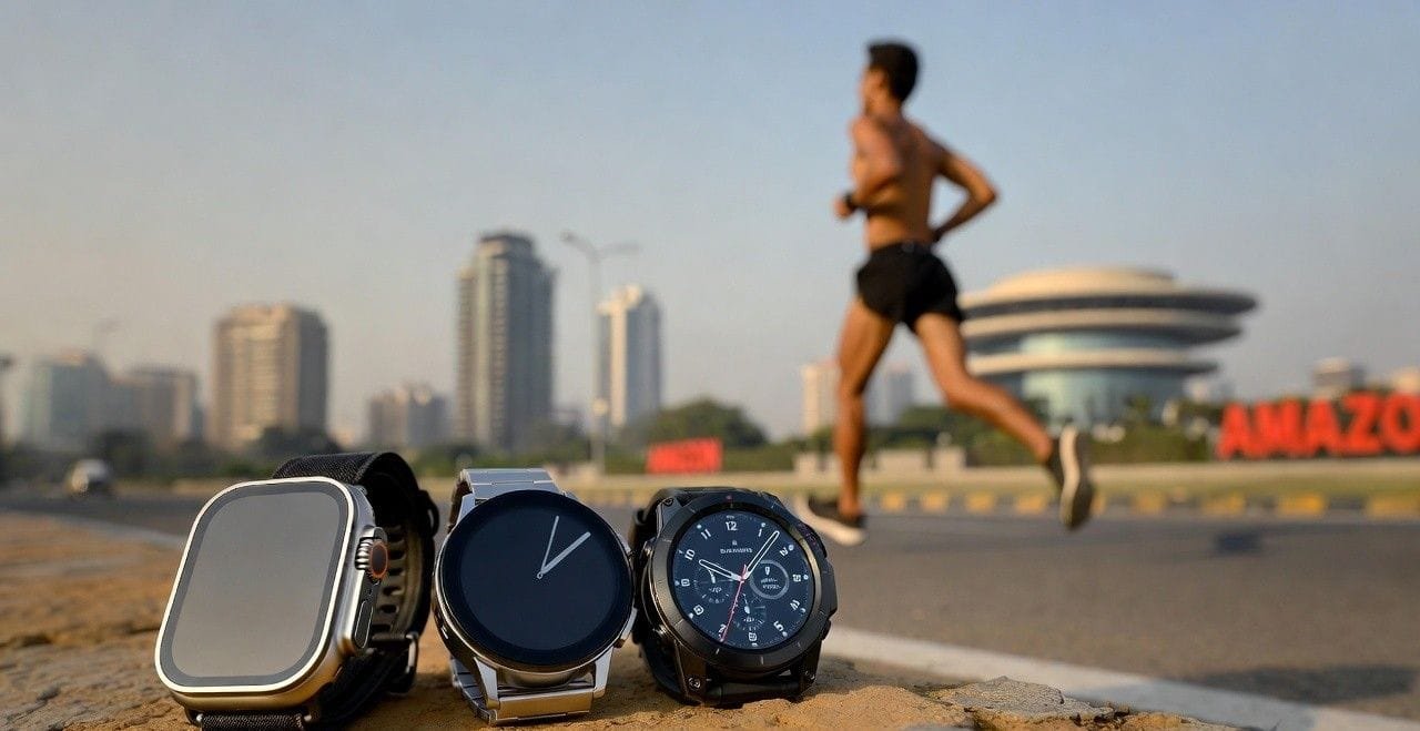 Apple Watch Ultra 3, Samsung Galaxy Watch Ultra, and Garmin Fenix 8 smartwatches on sandy ground with a runner training in hot Delhi weather, skyline and Amazon India branding in background – best high-end smartwatch India 2026 comparison
