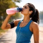 Runner hydration setup with electrolyte drink and bottle during summer marathon training