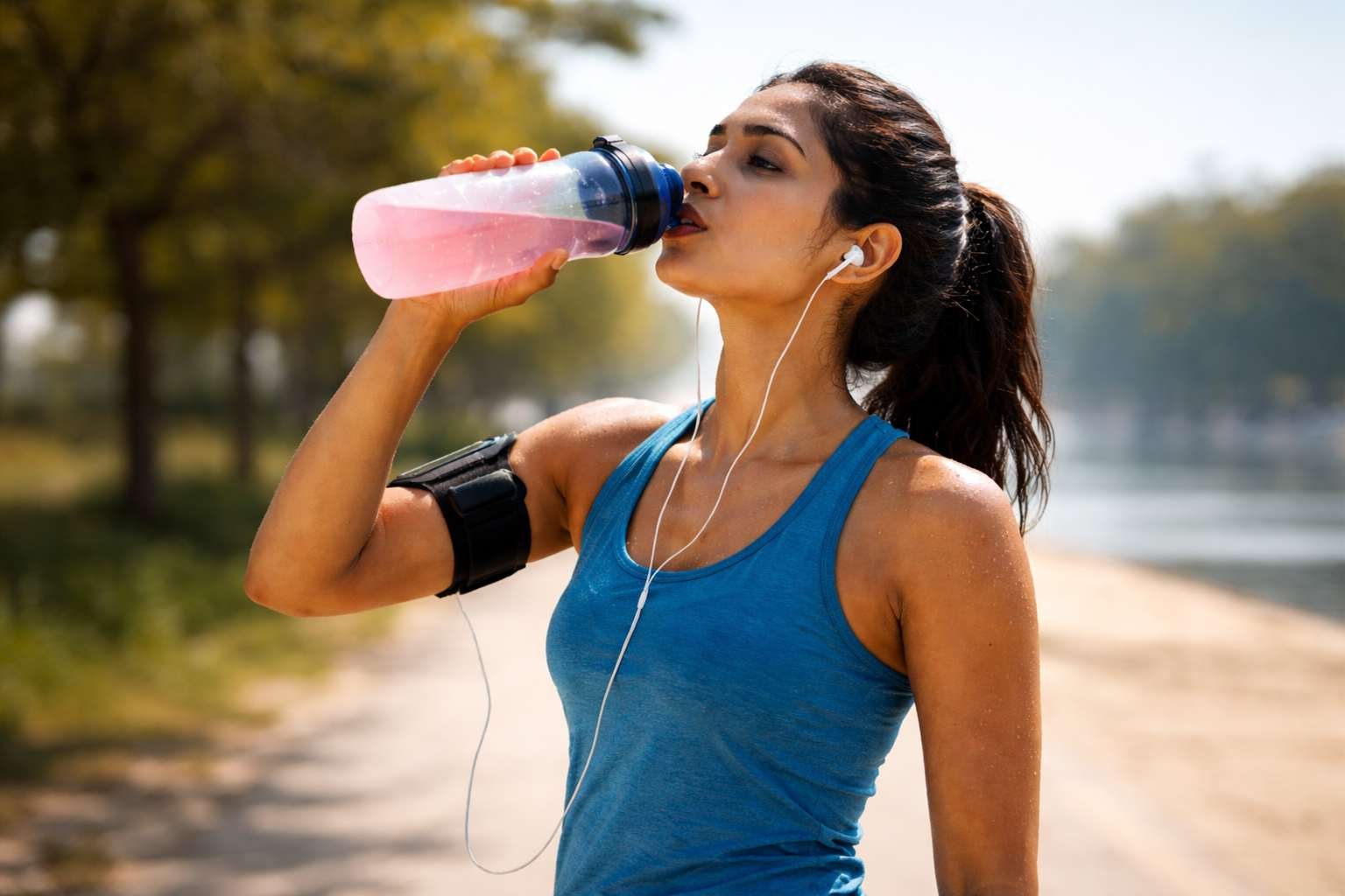 Runner hydration setup with electrolyte drink and bottle during summer marathon training