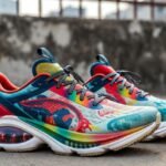 Vibrant max-cushioned running shoes for knee pain relief, photographed in Delhi