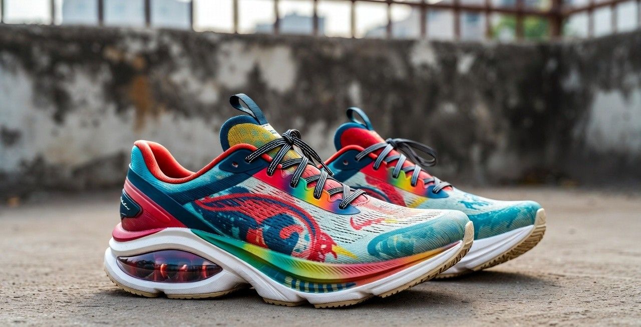 Vibrant max-cushioned running shoes for knee pain relief, photographed in Delhi