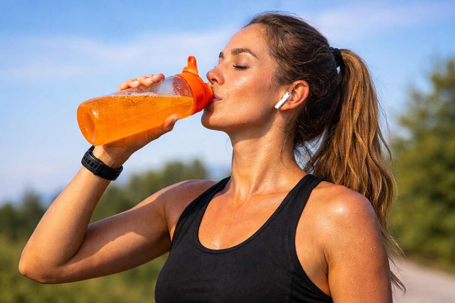 Female runner drinking electrolyte sports drink during outdoor workout to stay hydrated