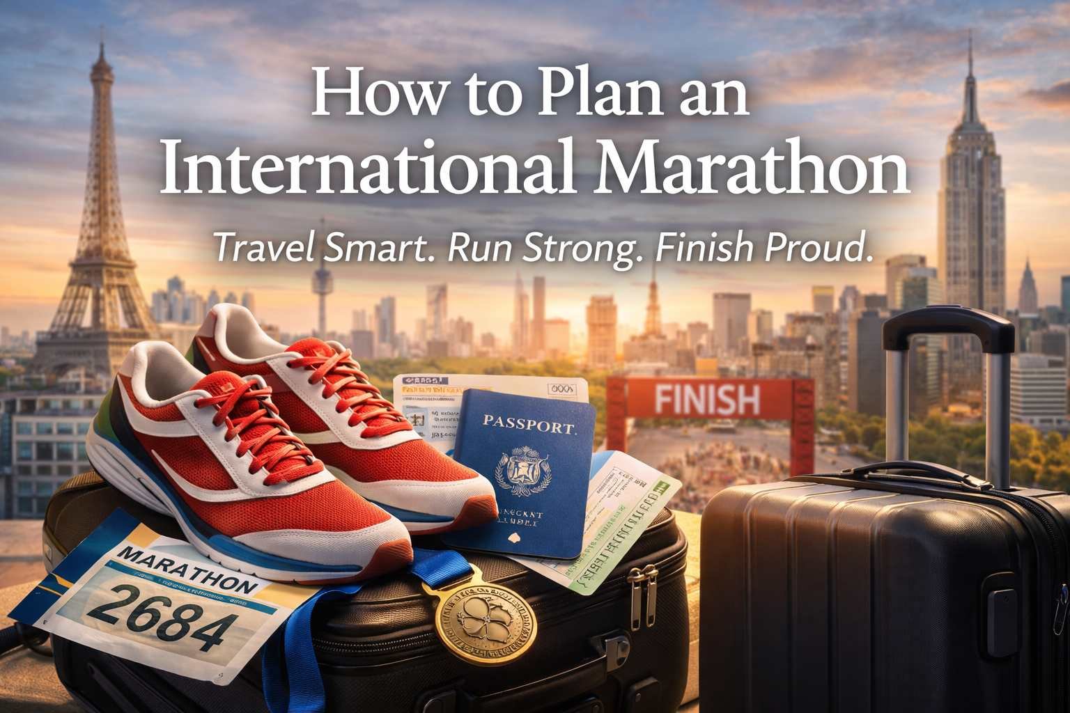 International marathon planning concept with running shoes passport suitcase race bib and global city skyline