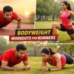 Runner doing bodyweight workout in park without gym training for marathon