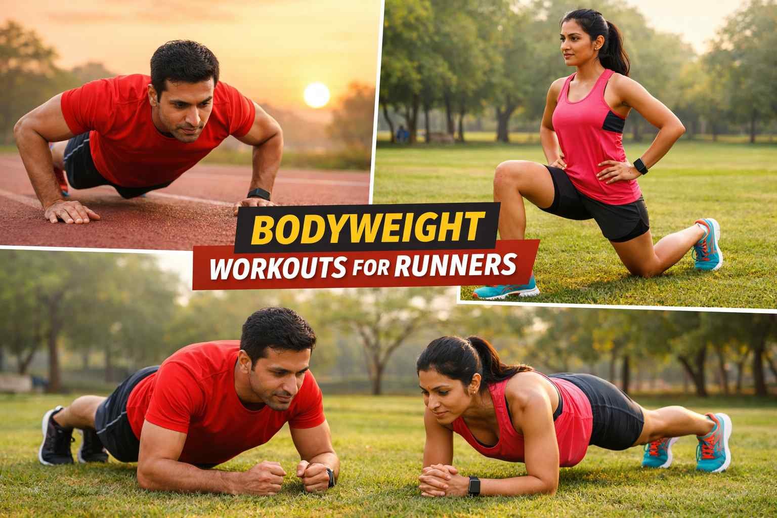 Runner doing bodyweight workout in park without gym training for marathon