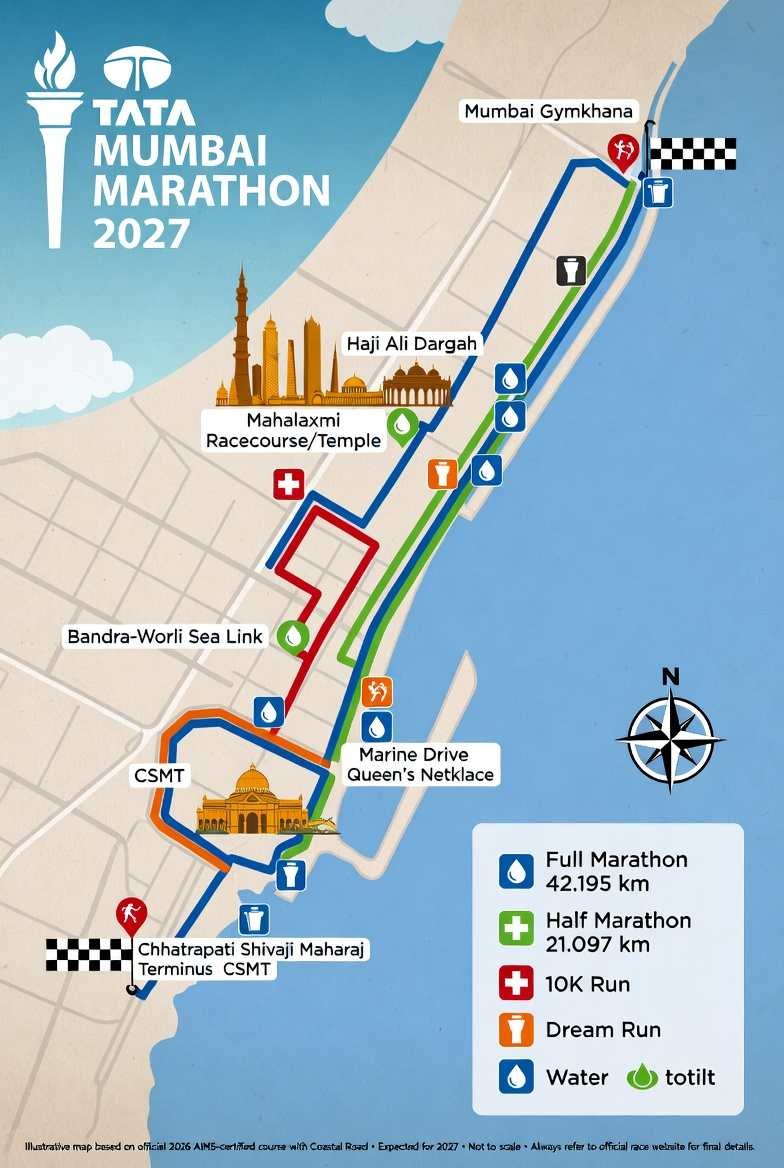 Tata Mumbai Marathon 2027 route map showing CSMT start, Bandra-Worli Sea Link, Coastal Road, and Mumbai Gymkhana finish