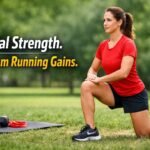 Minimal strength training for runners with woman doing lunges outdoors using simple equipment