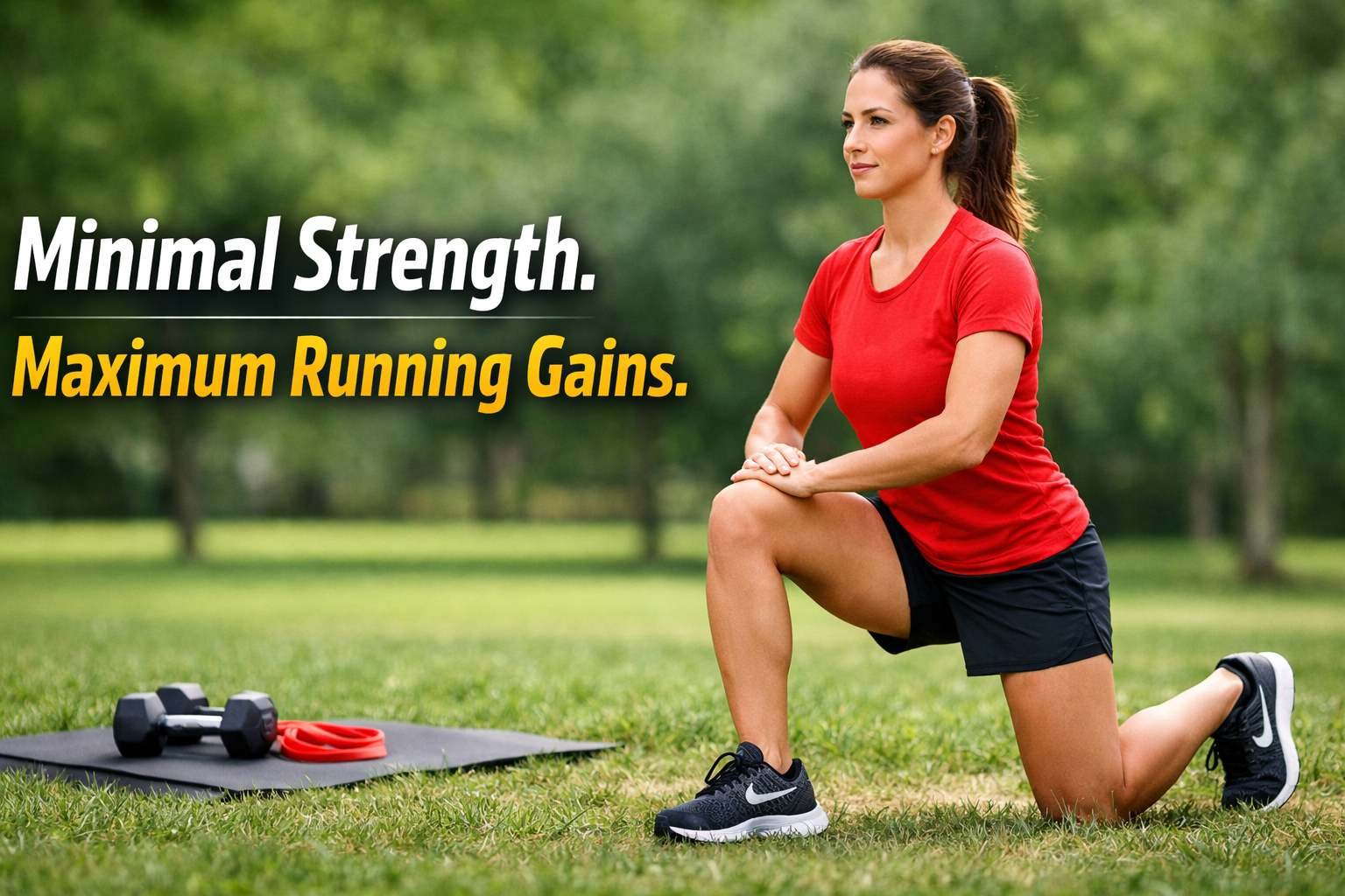 Minimal strength training for runners with woman doing lunges outdoors using simple equipment