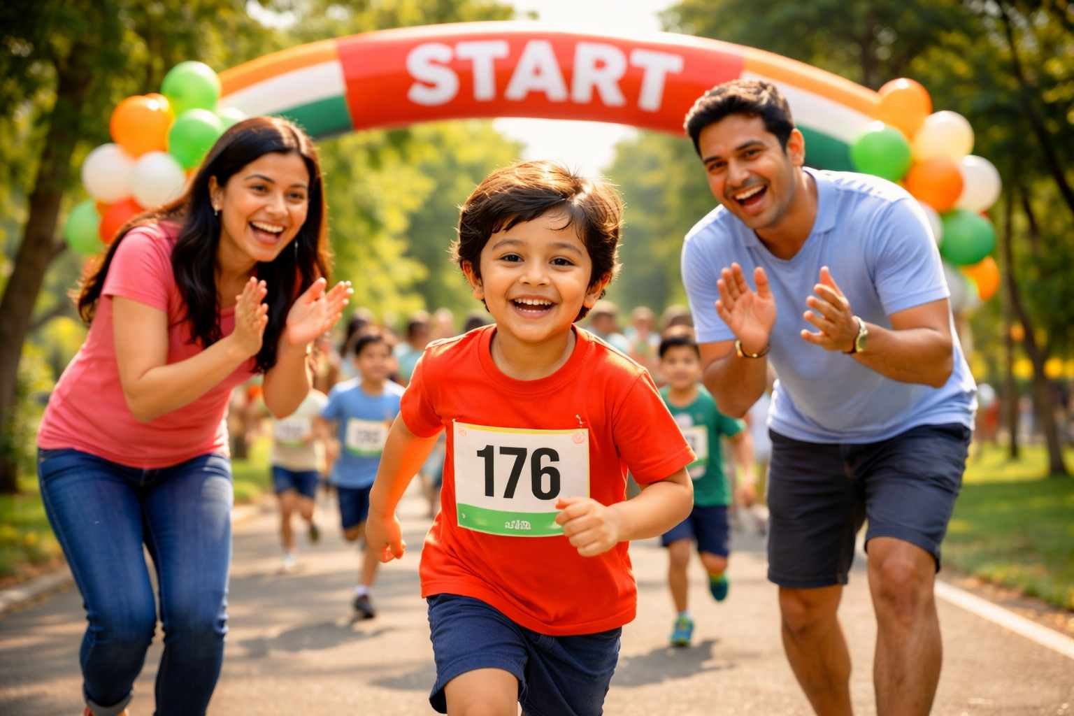 Happy child running in a kids marathon race in India while parents cheer at the start line