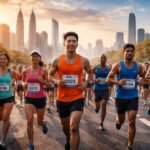 Runners participating in a large city marathon race in Asia during sunrise with skyline backdrop