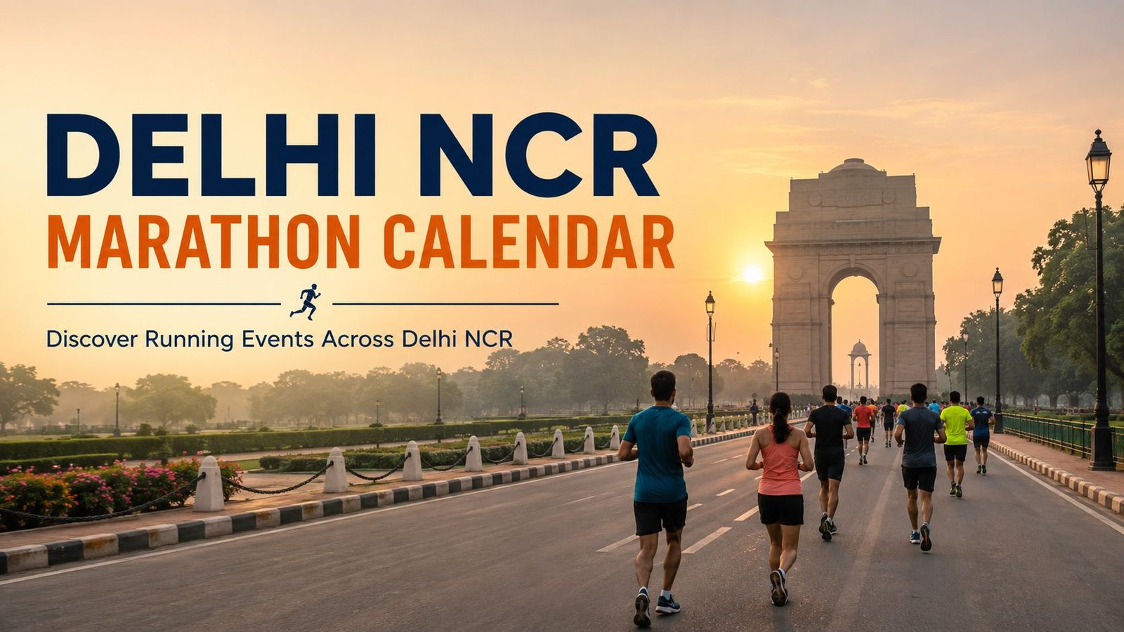 Delhi NCR Marathon Calendar runners on Kartavya Path with India Gate at sunrise.