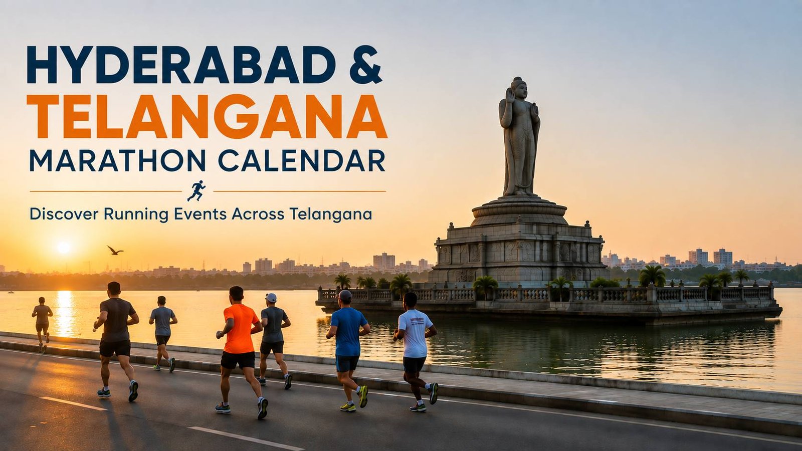 Hyderabad & Telangana Marathon Calendar hero image featuring runners along Hussain Sagar at sunrise.