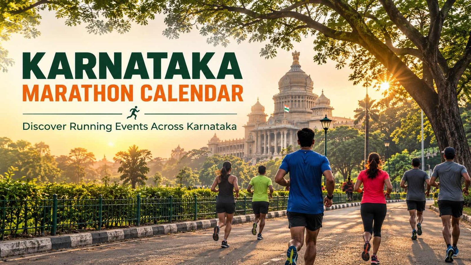 Karnataka Marathon Calendar featuring runners in Cubbon Park with Vidhana Soudha in Bengaluru at sunrise.