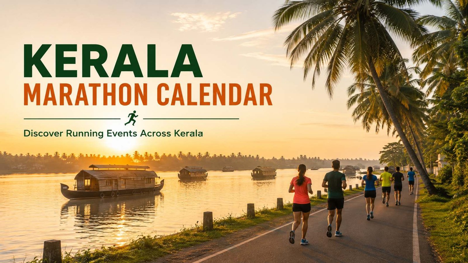 Kerala Marathon Calendar featuring runners along the Alleppey backwaters at sunrise.