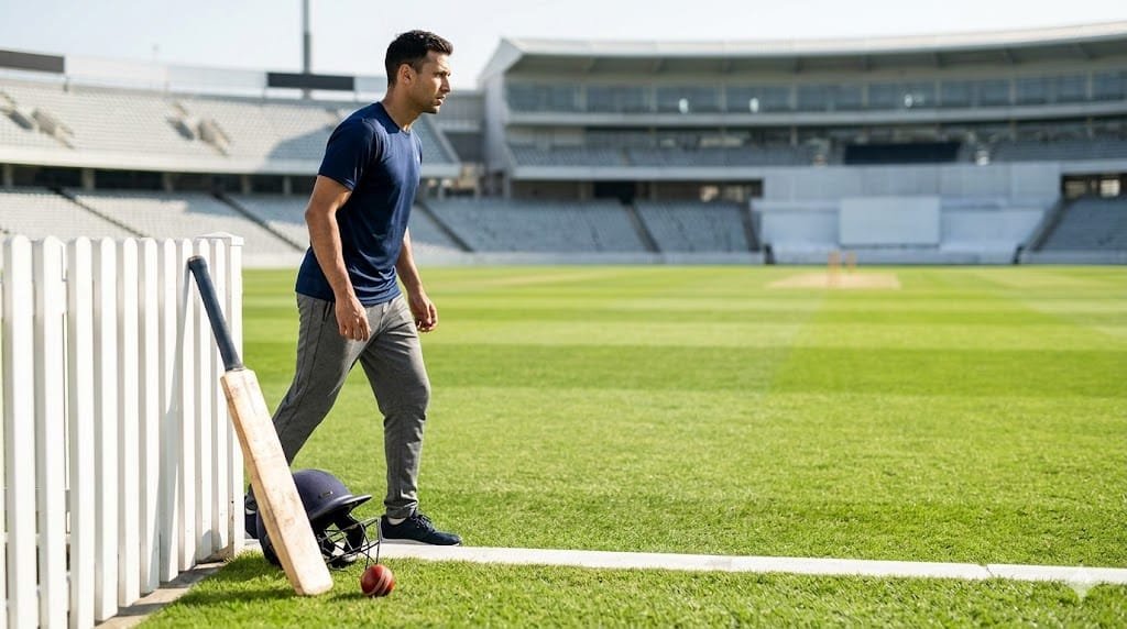 Athlete training in a cricket stadium, representing the lean fitness transformations of Rohit Sharma and Virat Kohli for IPL 2026