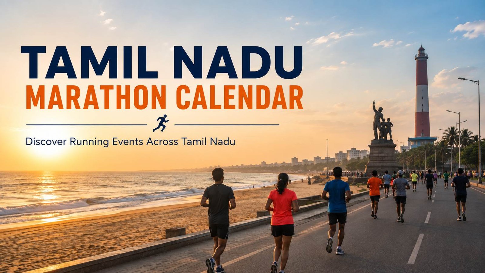 Tamil Nadu Marathon Calendar runners along Marina Beach in Chennai at sunrise.
