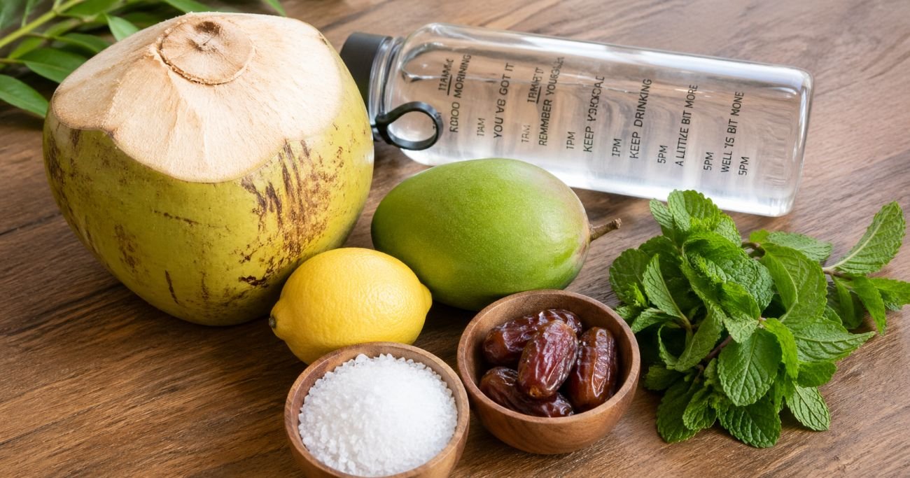 Homemade electrolyte drink ingredients for Indian runners — tender coconut, raw mango, lemon, dates, rock salt and mint with a running water bottle