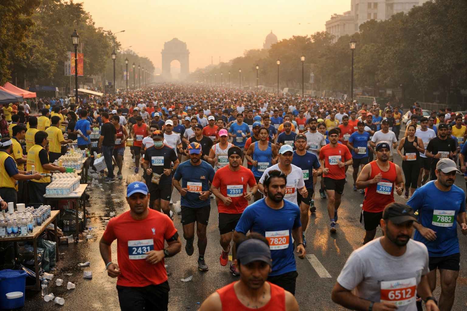 Runners at a large marathon race in India during early morning with crowd and hydration stations