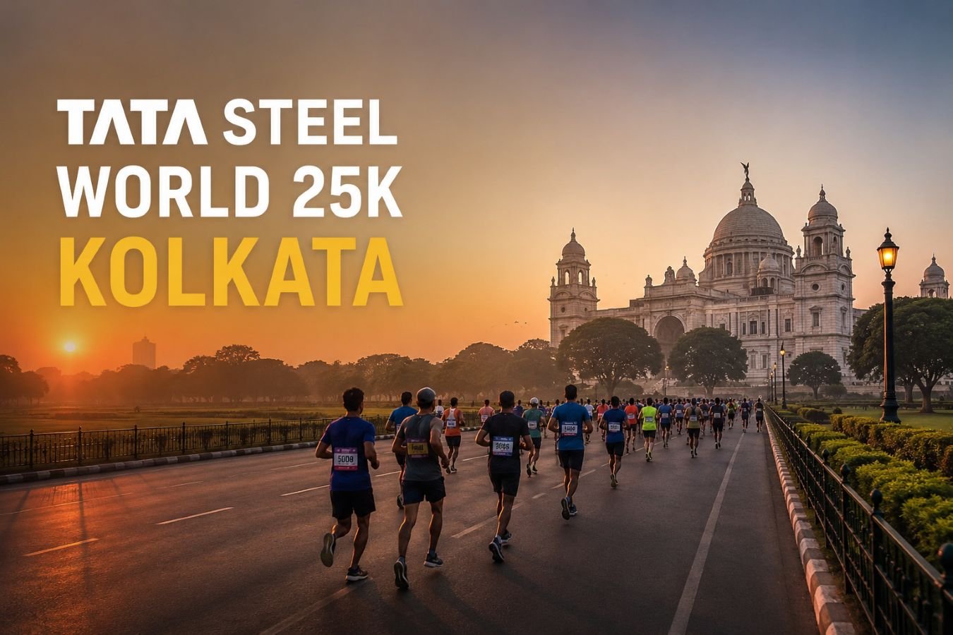 Runners racing past the Victoria Memorial on Red Road during the Tata Steel World 25K Kolkata