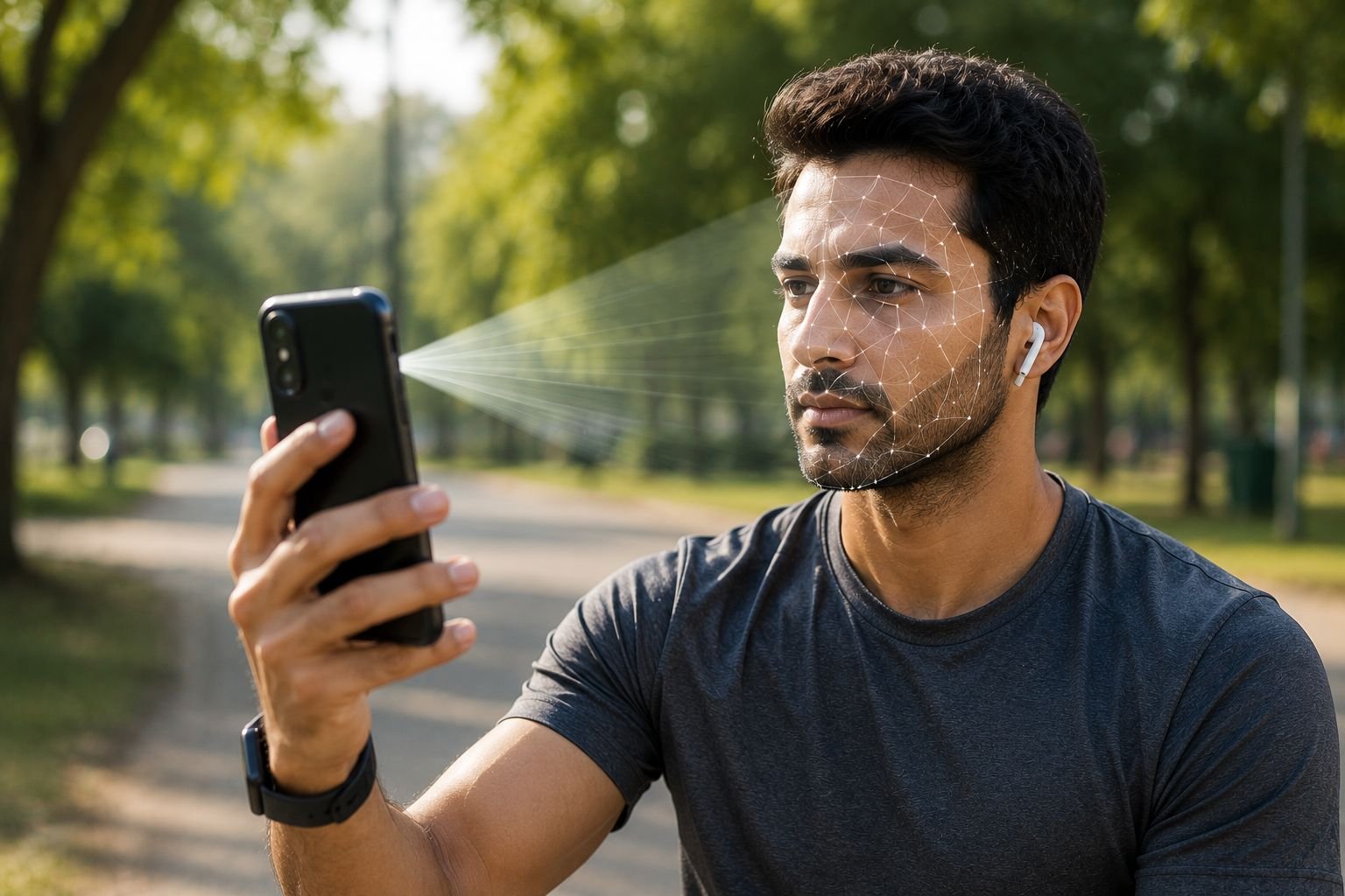 A close up of an outdoor runner analyzing physiological health data and systemic inflammation metrics on a smartphone.