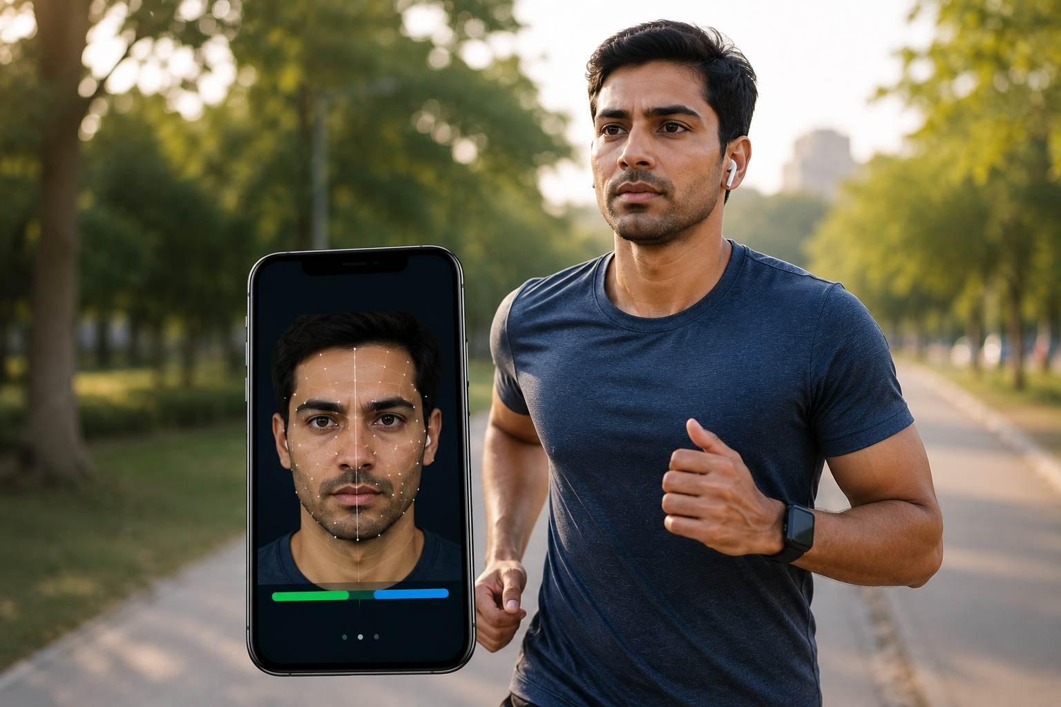 An outdoor male runner in India with a smartphone displaying an AI facial skin scan overlay.