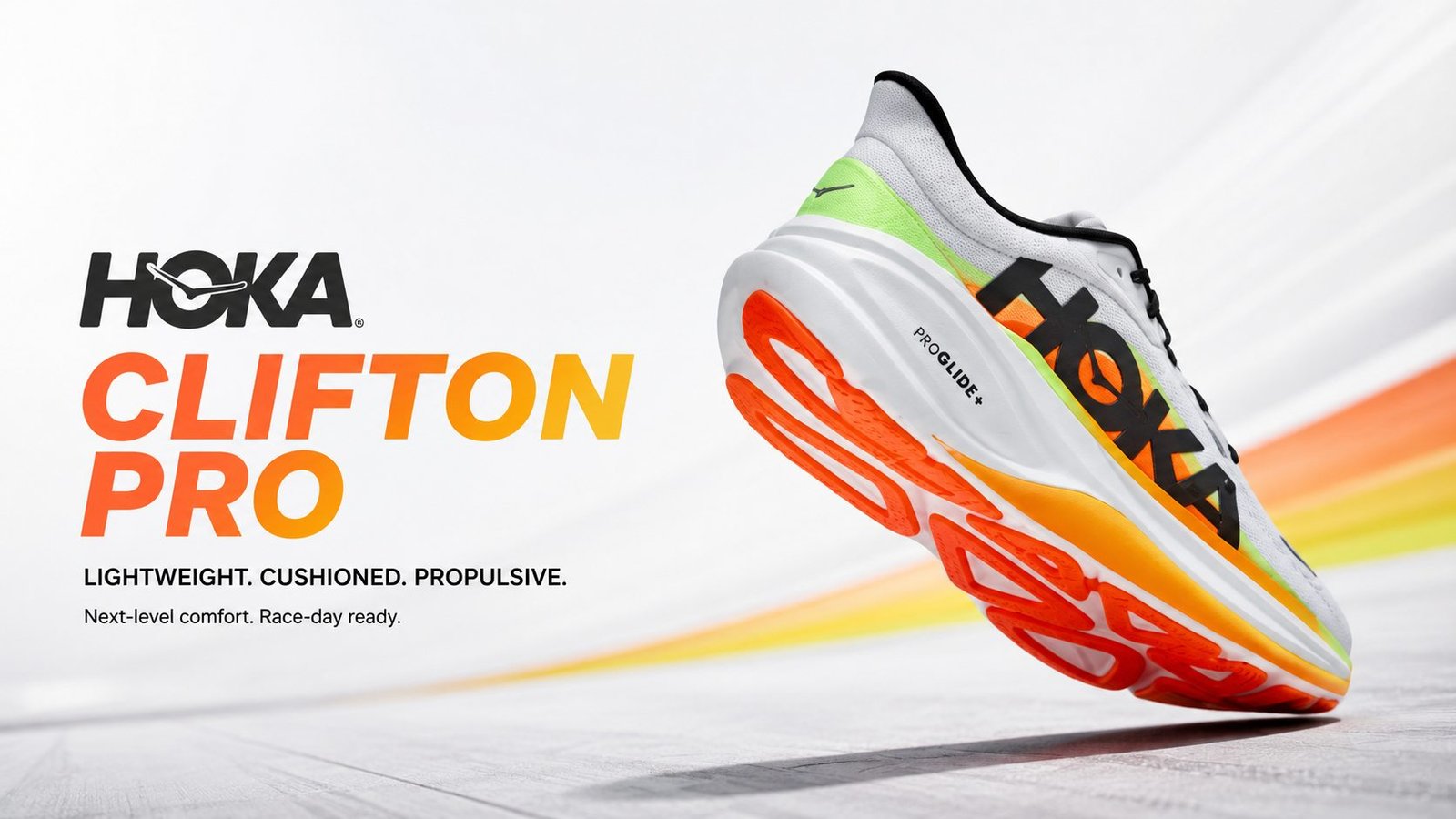 HOKA Clifton Pro running shoe in white orange and lime colorway showcasing the premium cushioned daily trainer