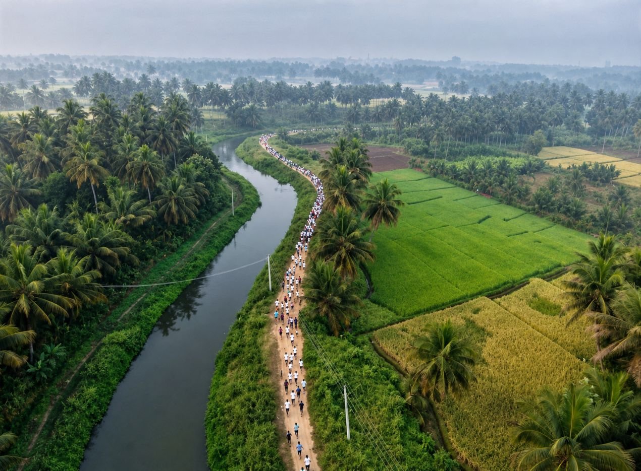 Aerial view of runners participating in the Kaveri Trail Marathon along a scenic trail beside the Kaveri River surrounded by lush green fields and coconut plantations in Karnataka.