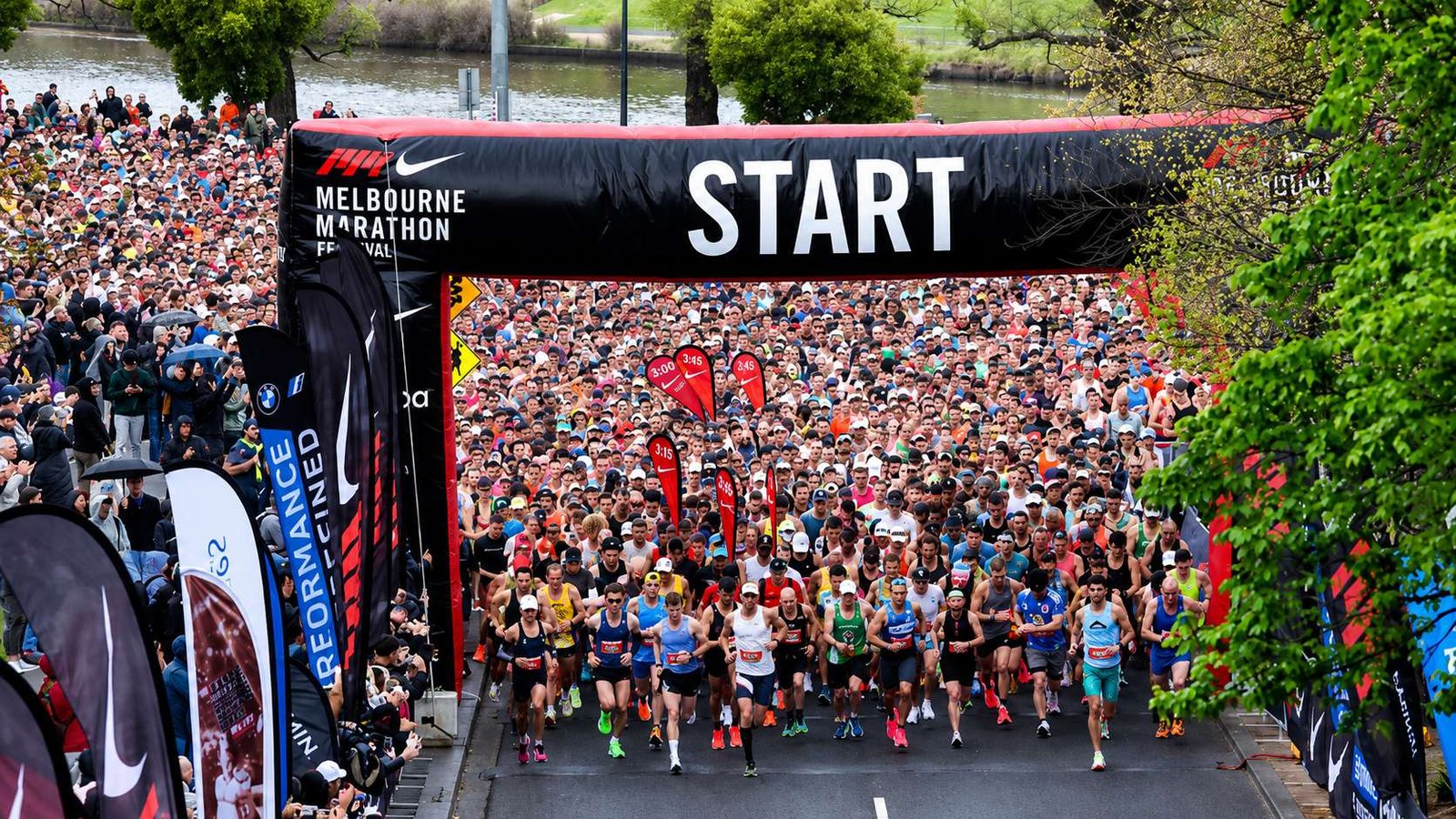 Melbourne Marathon start line with thousands of runners in Melbourne Australia.