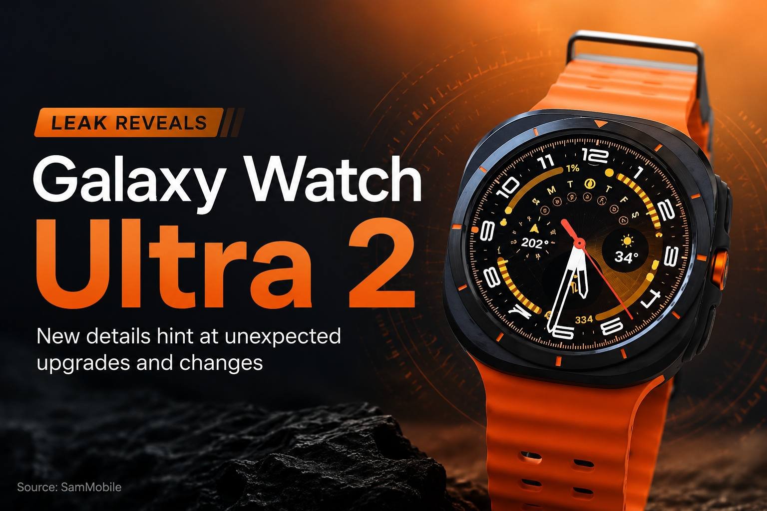 Feature image showing the rumored Samsung Galaxy Watch Ultra 2 with an orange band and rugged design against a dark futuristic background.