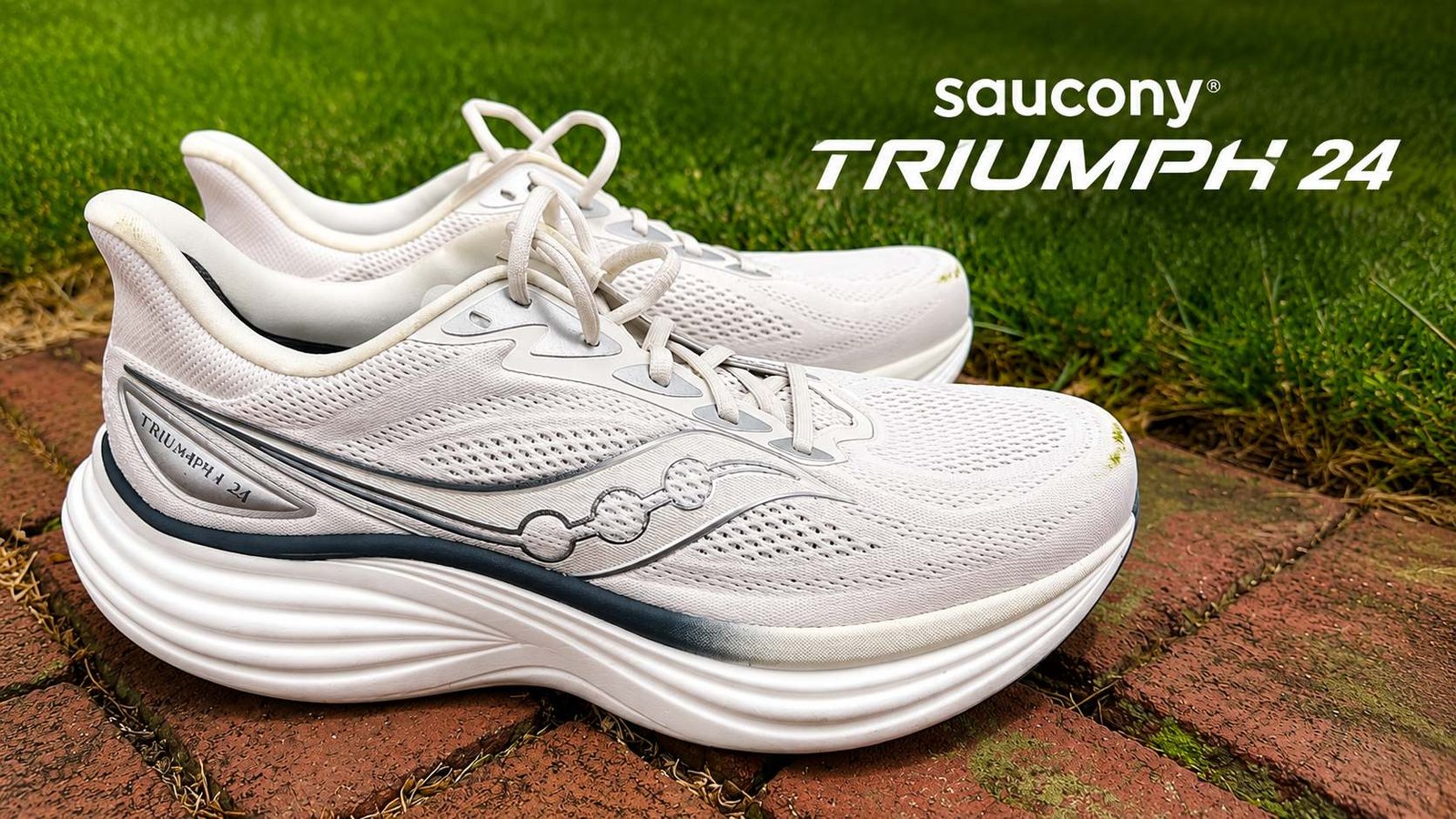 Saucony Triumph 24 premium cushioned running shoes in white photographed outdoors for review
