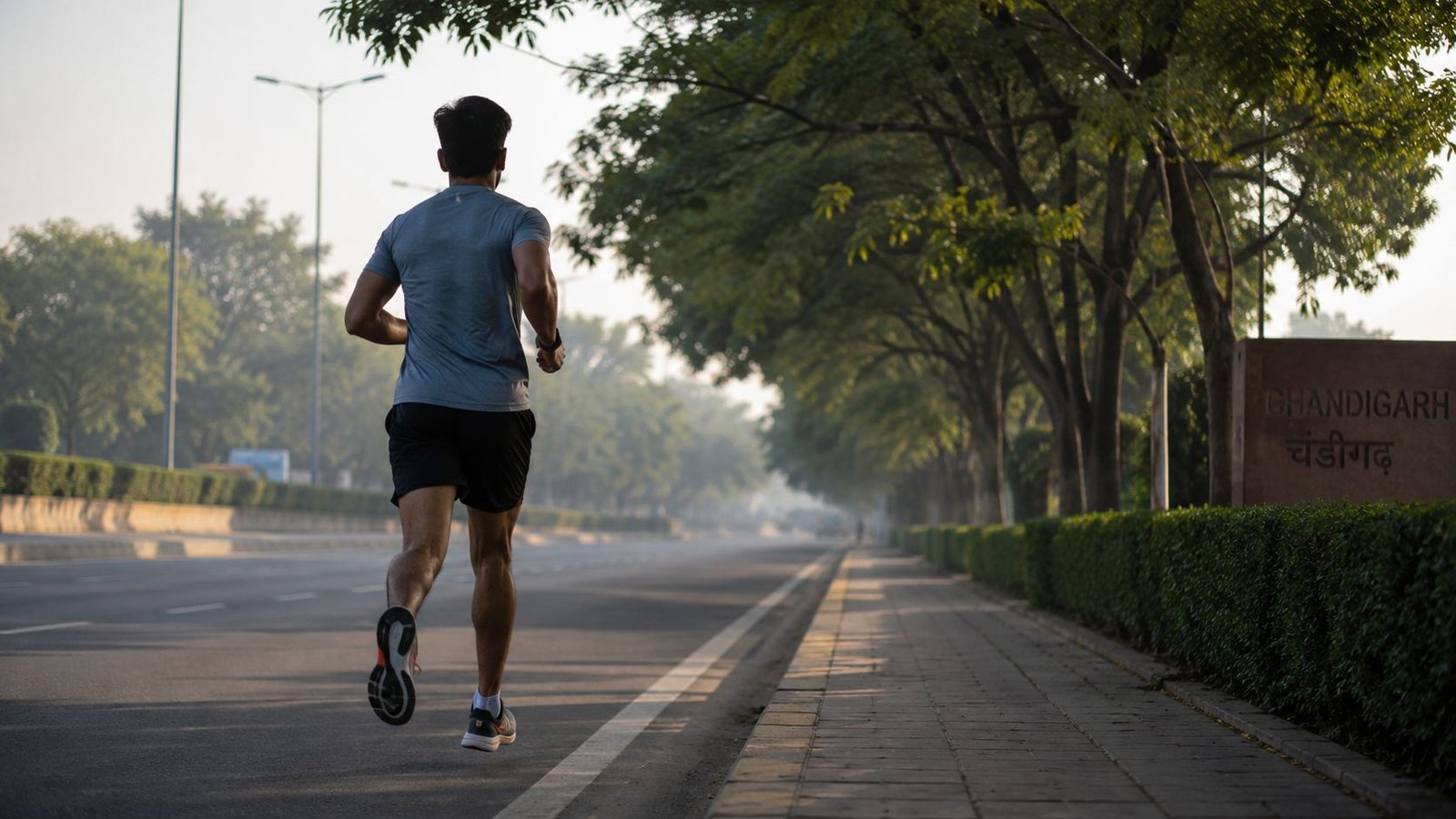 Morning runner on a tree lined street in Chandigarh during an early training run