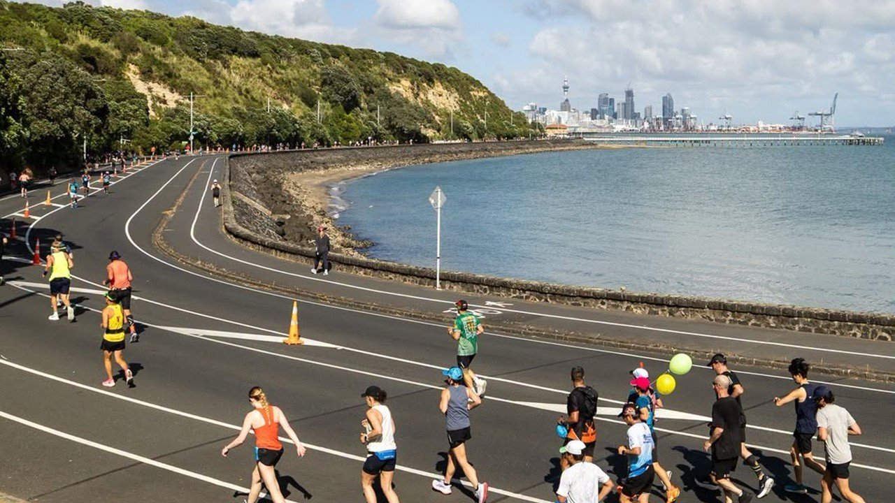 Runners crossing the Auckland Harbour Bridge during the Barfoot and Thompson Auckland Marathon
