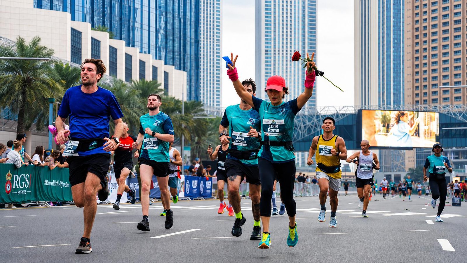 Runners participating in the Burj2Burj Marathon in Dubai with the city's iconic skyline in the background.