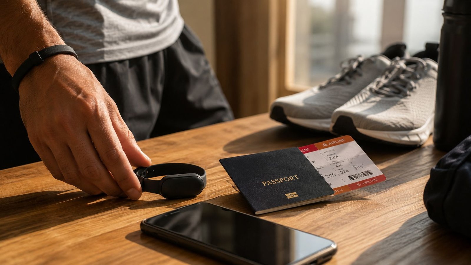 Fitness tracker, running shoes and passport on a table — Fitbit Air India launch expected soon via Amazon listing